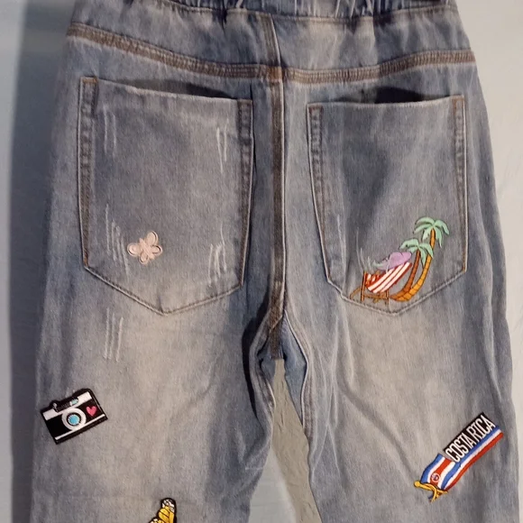 Really Cute Embroidered Patches On Denim Joggers with Drawstring - Picture 8 of 13